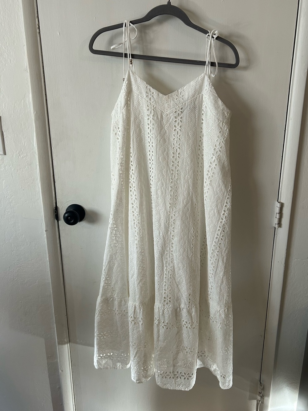 Tahari White Eyelet Maxi Dress with Tie Straps